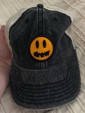 drew house Cream Mesh and Black Interior Trucker Hat with Yellow Logo